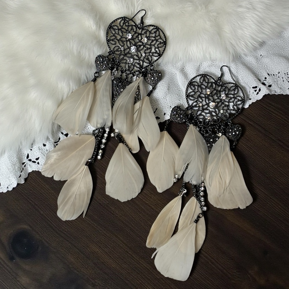 Boho Black Filigree Feather Rhinestone Bling Dangling Drop Statement Earrings